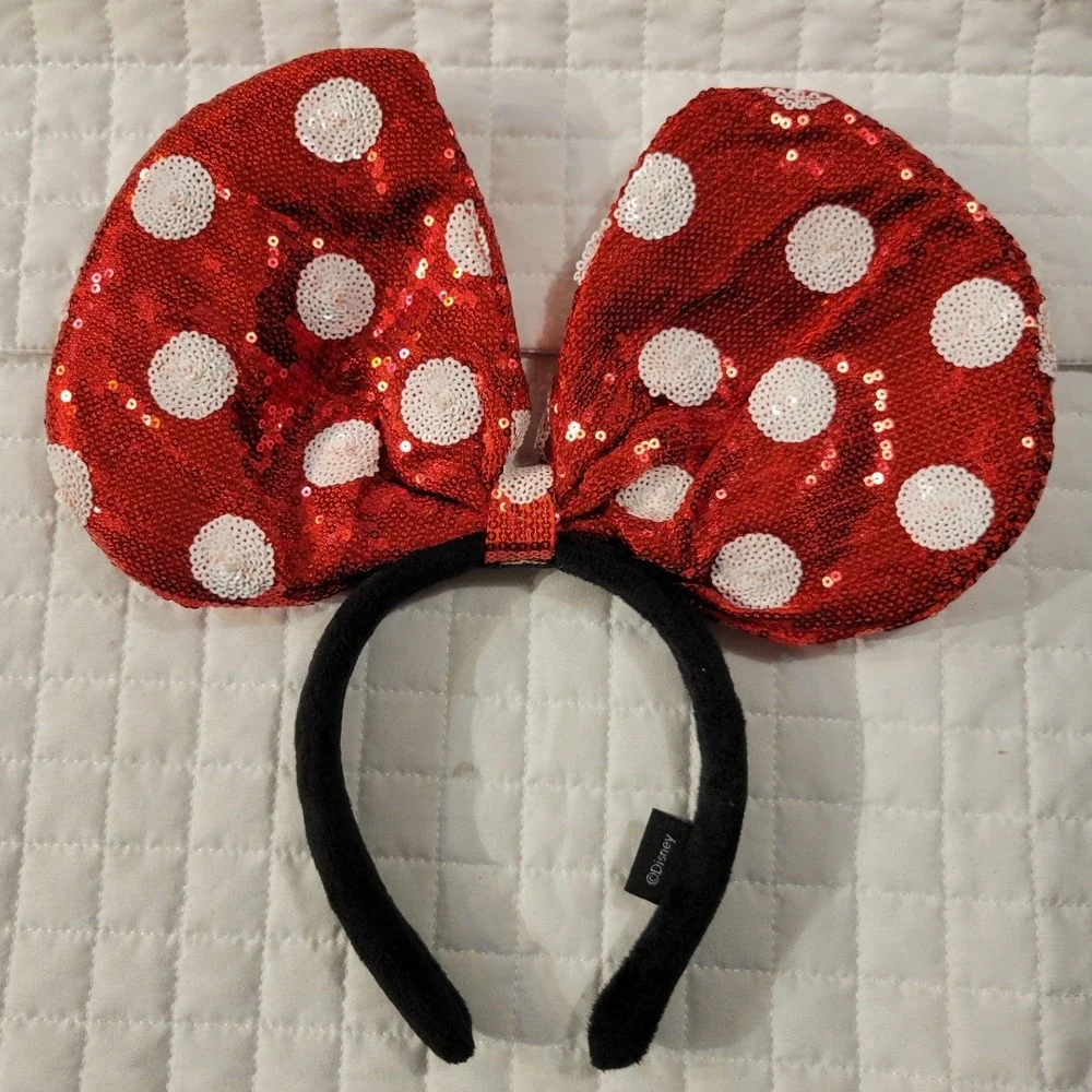 Disney Handmade Shimmering Minnie Mouse Red White Polka Dot Sequin Bow Headband